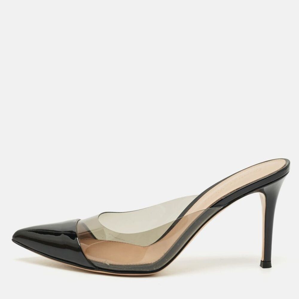 Gianvito Rossi Elle Size 38 Black Patent Leather And Pvc Pointed Toe Mules